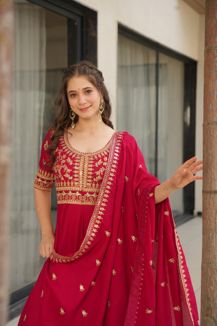 Aadishri Pink Vichitra Silk Gown with multi-sequins and zari embroidery – perfect Indian ethnic wear for weddings, party wear dresses for women, designer gown for women, traditional Indian dress, Indian clothing for women, ethnic wear for girls, gown for wedding function, Indian dress online shopping, full sleeve gown for women, festive wear for ladies.